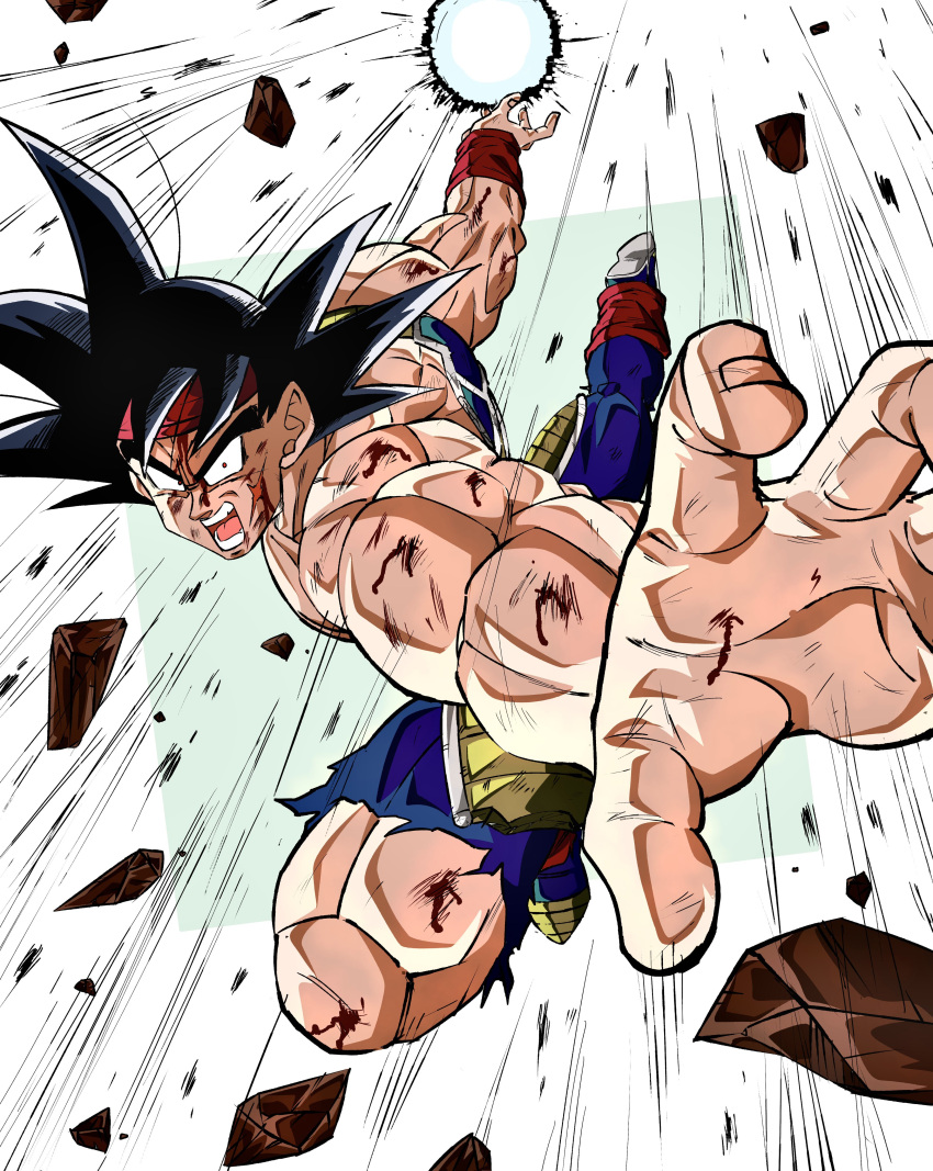 1boy absurdres armor bardock battle_damage black_hair blood blood_on_arm blood_on_leg broken_armor cross_scar debris dragon_ball dragon_ball_z emphasis_lines energy_ball headband highres incoming_attack injury looking_at_viewer male_focus muscular muscular_male official_style oharu2000 open_hand open_mouth red_eyes red_headband red_wristband saiyan saiyan_armor scar scar_on_cheek scar_on_face solo spiky_hair toriyama_akira_(style) torn_clothes white_background wristband
