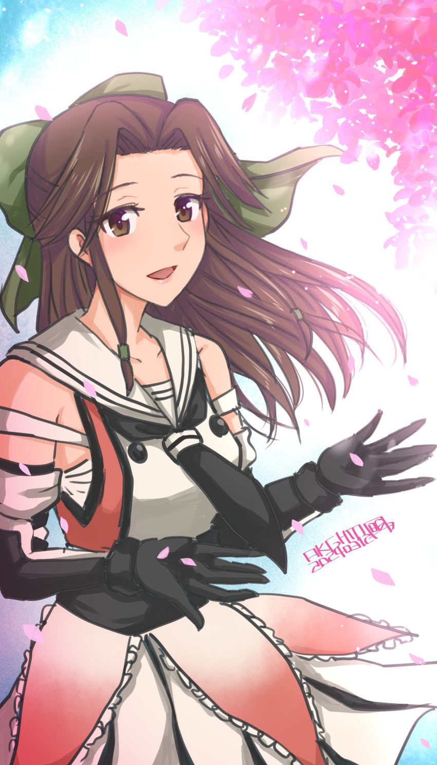 1girl absurdres black_gloves black_neckerchief brown_eyes buttons cherry_blossoms cowboy_shot dated double-breasted elbow_gloves gloves green_ribbon hair_intakes hair_ribbon half_updo hamu_agaki highres jintsuu_(kancolle) jintsuu_kai_ni_(kancolle) kantai_collection long_hair neckerchief orange_shirt petals pleated_skirt ribbon sailor_collar school_uniform serafuku shirt skirt sleeveless sleeveless_shirt solo twitter_username white_sailor_collar white_skirt