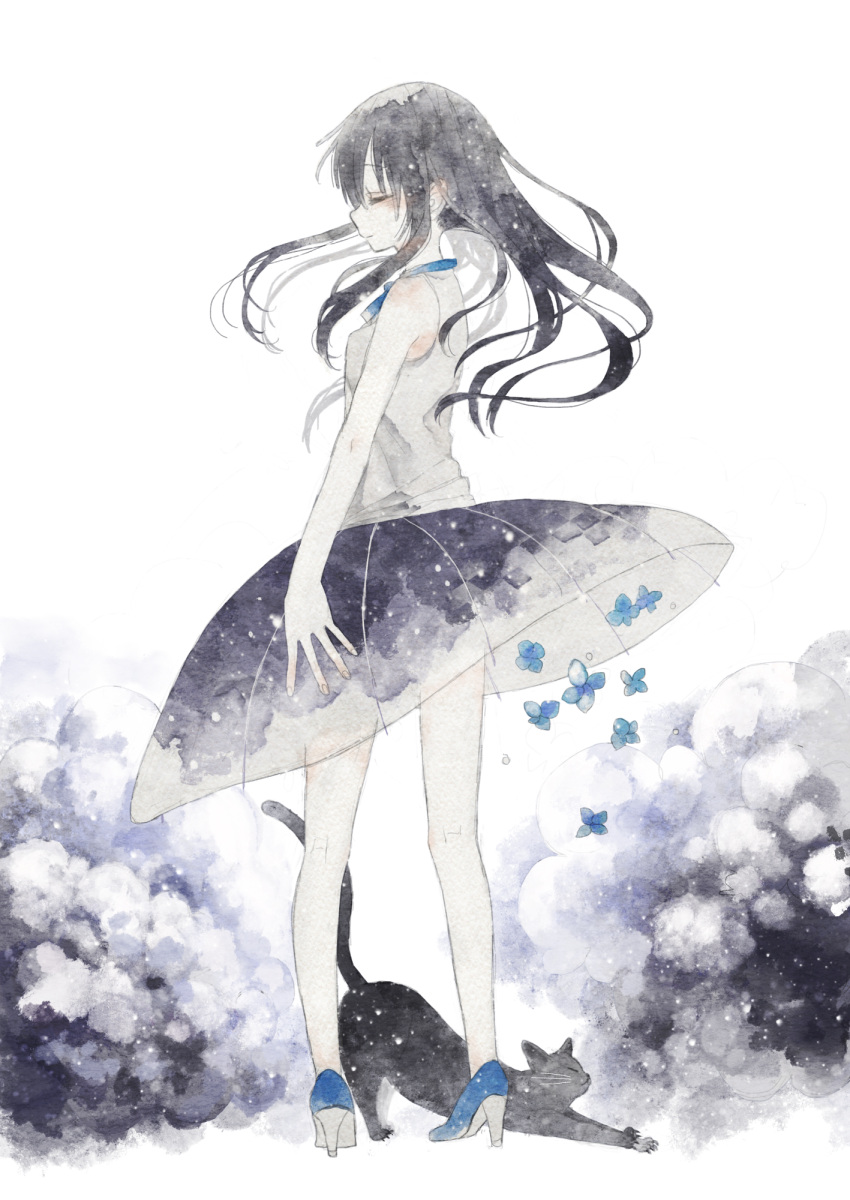 1girl bare_arms bare_legs black_cat black_hair black_skirt blue_flower breasts bug cat closed_eyes dress falling_flower flower high_heels highres long_hair original oseto_(oxxsexxto) painting_(medium) pale_skin shoes skirt sky_print sleeveless small_breasts solo standing stretching traditional_media watercolor_(medium) white_dress