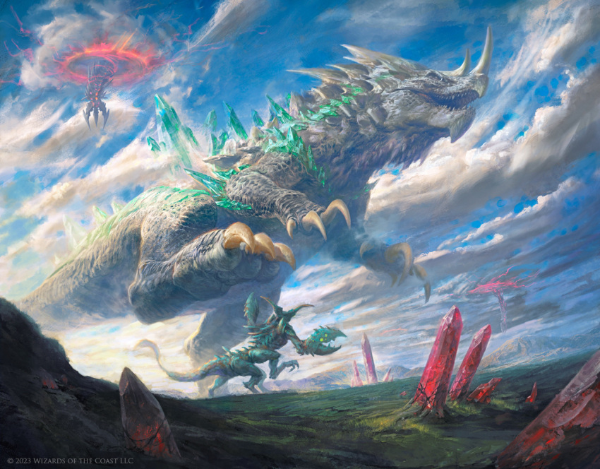 animal_focus blue_sky claws clouds cloudy_sky colossus commentary company_name crystal crystallization day dragon english_commentary fantasy from_below magic:_the_gathering manzanedo material_growth monster mountainous_horizon no_humans open_mouth outdoors pincers portal_(object) realistic running scenery sharp_teeth sky tail teeth