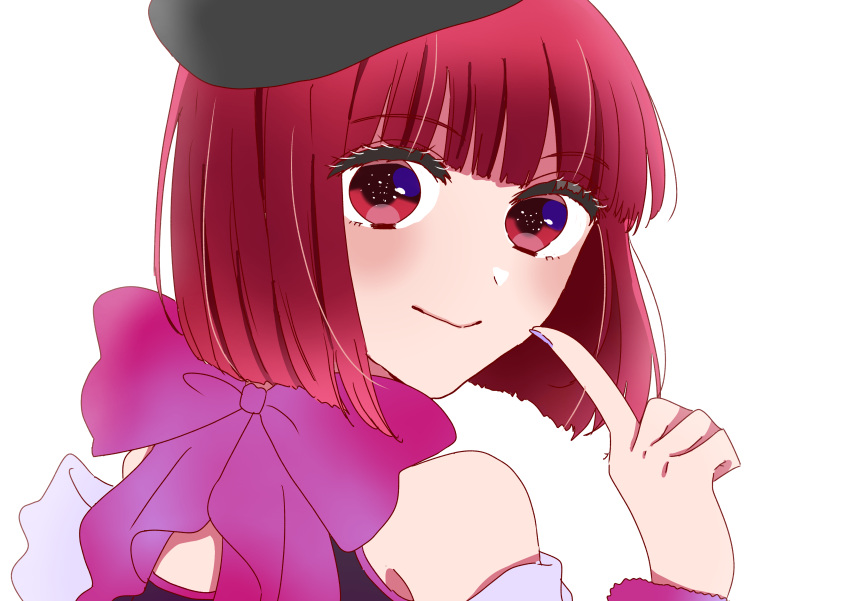 1girl absurdres arima_kana beret black_headwear blunt_bangs blunt_ends blush bob_cut bow closed_mouth commentary_request eyelashes fingernails from_behind hand_up hat highres index_finger_raised looking_at_viewer looking_back nail_polish oshi_no_ko portrait purple_bow purple_nails red_eyes redhead simple_background smile solo turning_head white_background xto4k