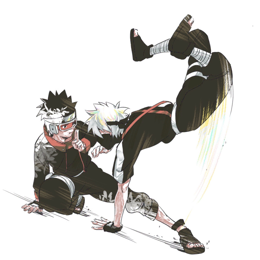 2boys arm_support black_gloves black_hair black_pants character_request fighting fingerless_gloves forehead_protector full_body gloves handstand highres huimuuu jacket konohagakure_symbol looking_at_another male_focus mask motion_lines mouth_mask mudra multicolored_hair multiple_boys naruto naruto_(series) ninja pants sandals short_hair simple_background spiky_hair toeless_footwear two-tone_hair white_background white_hair