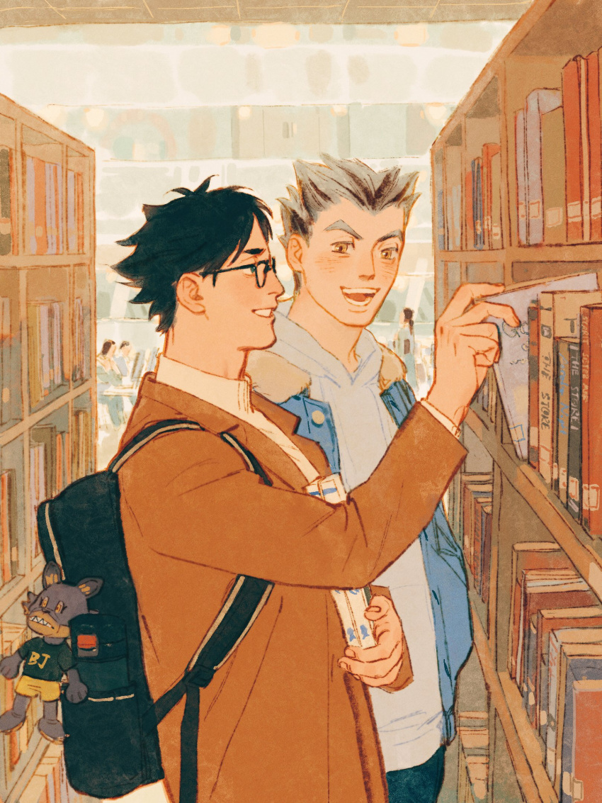 2boys akaashi_keiji backpack bag black_bag black_hair blue_eyes blue_jacket bokuto_koutarou book bookshelf brown_coat brown_eyes chengongzi123 coat collared_coat collared_shirt english_commentary fur-trimmed_jacket fur_trim glasses grey_hair grey_hoodie haikyuu!! hand_up hands_in_pockets highres holding holding_book hood hoodie indoors jacket library long_sleeves looking_at_viewer looking_to_the_side male_focus multicolored_hair multiple_boys open_mouth shirt short_hair standing streaked_hair stuffed_animal stuffed_toy thick_eyebrows upper_body very_short_hair
