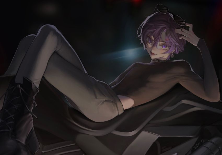 1boy artist_name belt_collar black_footwear black_shirt blush boots collar compression_shirt dark_background drop_earrings earrings eyewear_on_head fang full_body grey_pants highres indie_virtual_youtuber jewelry long_sleeves looking_at_viewer lower_teeth_only lying male_focus motor_vehicle motorcycle on_back open_mouth pants purple_hair sevkyi shirt short_hair shoto_(vtuber) smile solo sunglasses teeth tight_clothes tight_shirt tongue violet_eyes