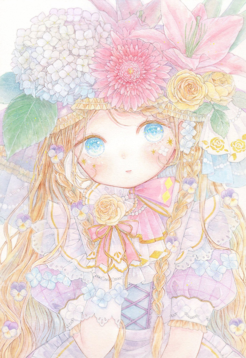 1girl apron beads blonde_hair blue_eyes blue_flower blush bow braid dress flower frills gloves hair_flower hair_ornament hand_on_own_face haruharu71069 hat hat_flower highres leaf long_hair looking_at_viewer original painting_(medium) parted_lips pink_bow pink_flower puffy_short_sleeves puffy_sleeves purple_dress purple_flower ribbon rose short_sleeves solo traditional_media upper_body watercolor_(medium) white_background white_flower white_gloves yellow_flower