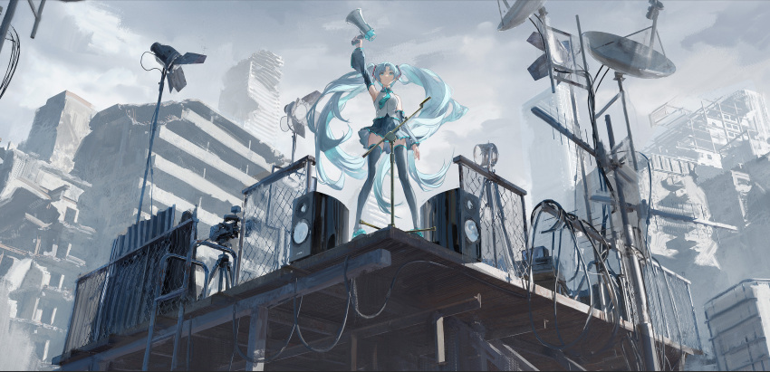 1girl abandoned absurdres arm_at_side arm_up ata-zhubo bare_shoulders black_skirt black_thighhighs blue_eyes blue_hair blue_necktie chain-link_fence city clouds cloudy_sky collared_shirt day detached_sleeves fence floating_hair grey_sky hatsune_miku highres holding holding_megaphone long_hair long_sleeves megaphone miniskirt necktie outdoors outstretched_arm pleated_skirt post-apocalypse railing rooftop ruins satellite_dish scenery shirt sidelocks skirt sky sleeveless sleeveless_shirt solo speaker studio_lights thigh-highs twintails very_long_hair vocaloid white_shirt wide_shot zettai_ryouiki
