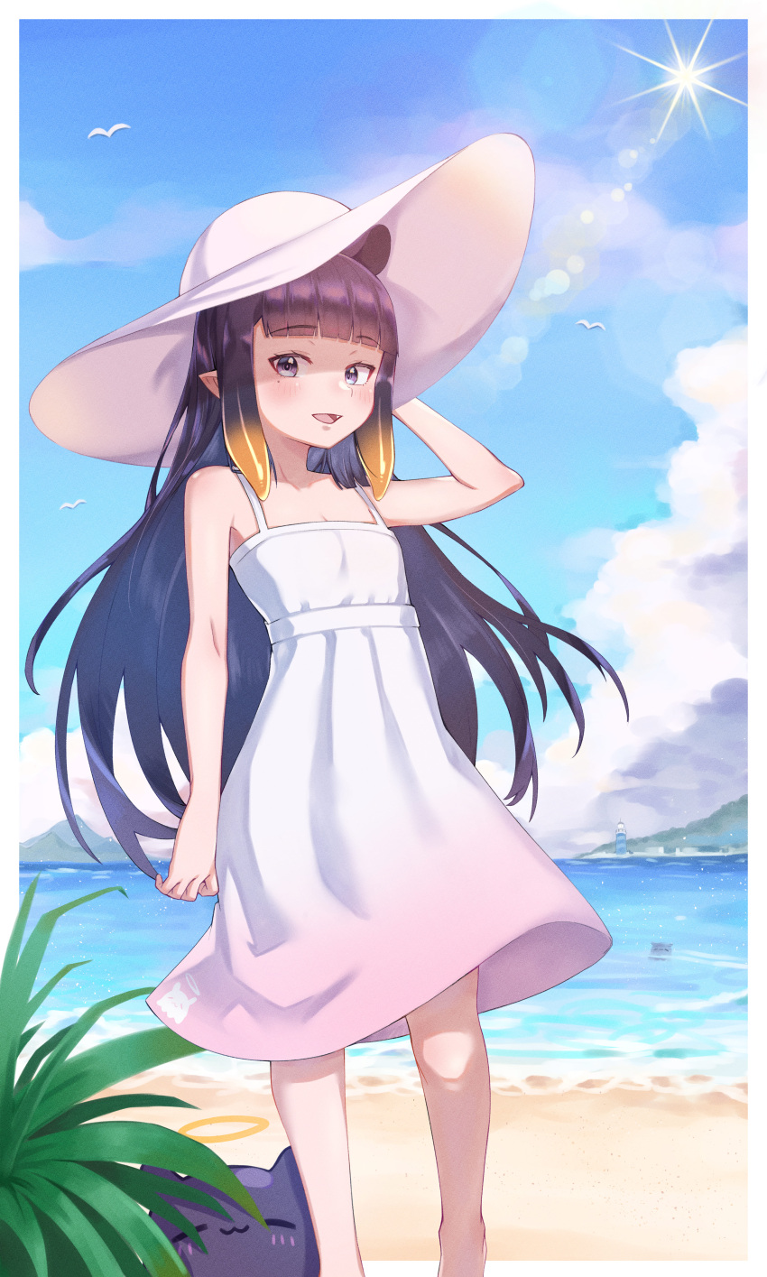 1girl :d absurdres bare_shoulders beach bird blue_sky blunt_bangs blush border clouds collarbone commentary_request cumulonimbus_cloud day diffraction_spikes dress eyelashes fang feet_out_of_frame gradient_dress gradient_hair hand_up hat highres hololive hololive_english kiwwwwwi lens_flare lighthouse long_hair looking_at_viewer mole mole_under_eye mountainous_horizon multicolored_hair ninomae_ina'nis ocean open_mouth orange_hair outdoors outside_border pink_dress pointy_ears purple_hair sand sidelocks sky sleeveless sleeveless_dress smile solo standing sun sun_hat sundress takodachi_(ninomae_ina'nis) tentacle_hair very_long_hair violet_eyes virtual_youtuber water white_border white_dress white_headwear