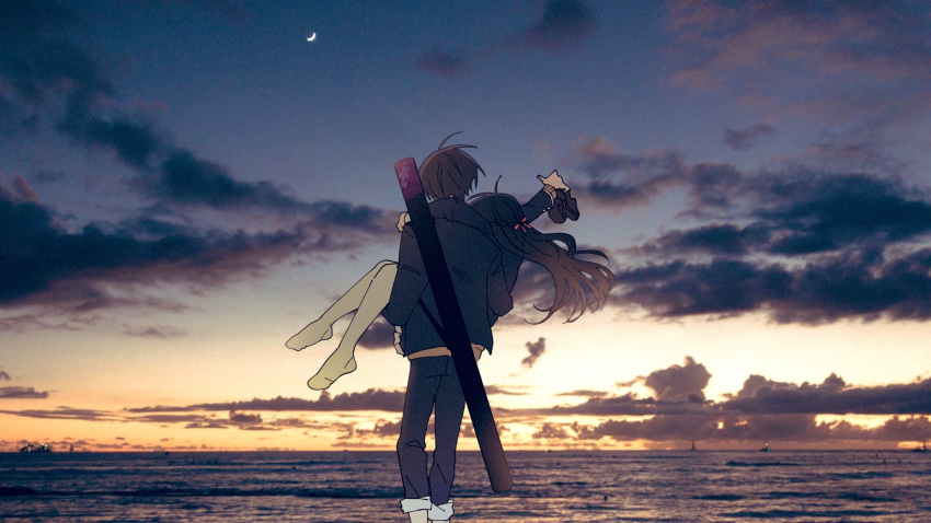 1boy 1girl arm_around_neck black_jacket black_pants blazer braid brown_hair carrying clouds cloudy_sky crescent_moon evening facing_ahead feet feet_out_of_frame floating_hair french_braid from_behind hair_ribbon hetero highres holding holding_shoes horizon jacket kenmochi_touya knees_together_feet_apart landscape loafers long_hair moon night night_sky nijisanji no_shoes ocean orange_shirt outdoors pants pants_rolled_up pantyhose photo_(medium) pink_ribbon princess_carry ribbon scabbard scenery school_uniform sheath shirt shoes sky straight_hair tsukino_mito virtual_youtuber water weapon weapon_case weapon_on_back white_pantyhose wide_shot yuuzai