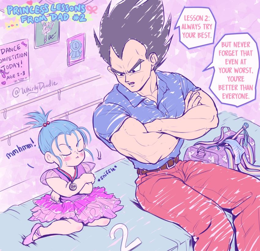 1boy 1girl bag black_eyes black_hair blue_eyes bra_(dragon_ball) child closed_eyes commentary crossed_arms crying dragon_ball dragon_ball_super dress duffel_bag english_commentary father_and_daughter frilled_dress frills hair_bobbles hair_ornament highres medal muscular muscular_male pink_dress polo_shirt short_ponytail tears vegeta whirlydoodle widow's_peak