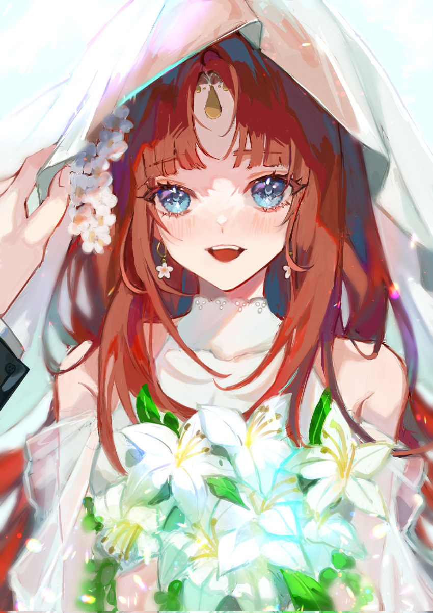 1boy 1girl alternate_costume blue_eyes blush bouquet bridal_veil dress drop_earrings earrings flower genshin_impact hair_flower hair_ornament highres holding holding_bouquet jewelry long_hair looking_ahead looking_at_viewer mayu_mey nilou_(genshin_impact) open_mouth pov redhead simple_background sleeveless sleeveless_dress solo_focus teeth tongue upper_teeth_only veil wedding wedding_dress white_background white_dress white_flower