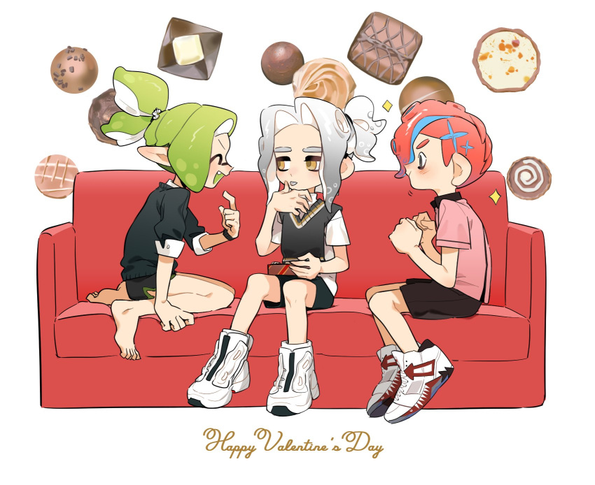 3boys :p ^_^ barefoot black_shorts box box_of_chocolates chocolate clenched_hand closed_eyes commentary_request couch fang green_hair grey_hair happy_valentine high_tops highres holding holding_box inkling inkling_boy inkling_player_character male_focus medium_hair mohawk multiple_boys octoling octoling_boy octoling_player_character on_couch open_mouth red_footwear redhead shoes short_hair short_ponytail shorts simple_background sitting smile sneakers sparkle splatoon_(series) tentacle_hair thick_eyebrows tongue tongue_out two-tone_footwear vege_cai white_background white_footwear yellow_eyes