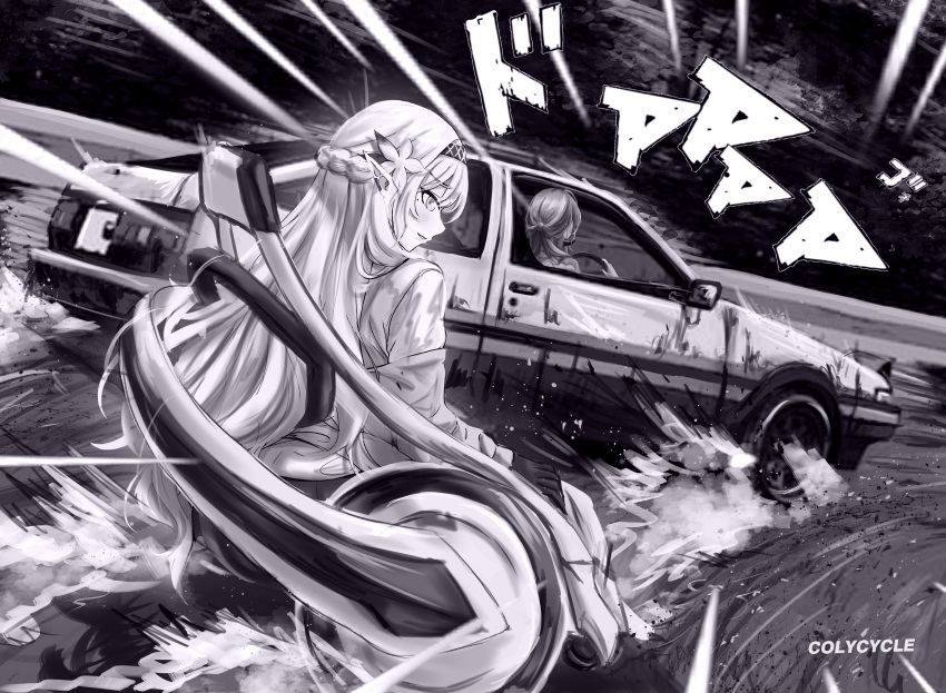 2girls :d absurdres aru_(blue_archive) blue_archive blurry braid colycycle commentary demon_girl demon_horns depth_of_field drifting driving english_commentary flower french_braid fujiwara_takumi's_toyota_trueno_ae86 greyscale guard_rail hair_between_eyes hair_flower hair_ornament hairband halo highres himari_(blue_archive) horns initial_d long_hair long_sleeves looking_at_another mole mole_under_eye monochrome motion_blur multiple_girls outdoors parody parted_lips pointy_ears powered_wheelchair road school_uniform sidelocks single_braid sitting smile toyota toyota_sprinter_trueno translation_request wheelchair