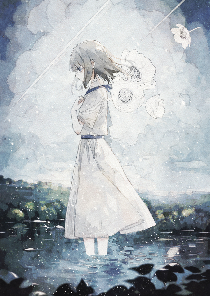 1girl black_hair clouds cloudy_sky dress flower from_side grey_hair hand_on_own_chest highres light_particles medium_hair original oseto_(oxxsexxto) outdoors painting_(medium) profile short_sleeves sky soaking_feet solo standing traditional_media wading water watercolor_(medium) white_dress white_flower