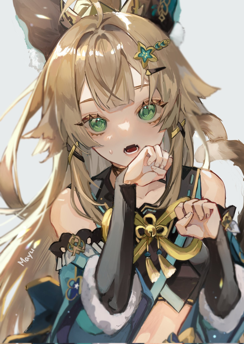 1girl animal_ears black_bridal_gauntlets blonde_hair blunt_bangs bridal_gauntlets cat_ears cat_girl cat_tail claw_pose crop_top detached_sleeves fangs genshin_impact green_eyes hair_ornament hairclip hands_up highres kirara_(genshin_impact) long_hair mayu_mey open_mouth shirt simple_background sleeveless sleeveless_shirt solo straight_hair sweatdrop tail upper_body white_background