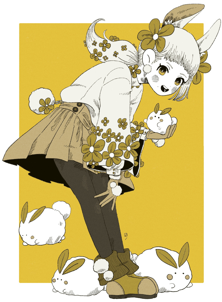 1girl animal animal_ears blunt_bangs boots border earrings flower full_body gloves hair_flower hair_ornament highres holding holding_animal jewelry leaning_forward long_hair long_sleeves looking_at_viewer masuno_(masuno_0) monochrome open_mouth original pantyhose pleated_skirt pom_pom_(clothes) puffy_long_sleeves puffy_sleeves rabbit rabbit_ears rabbit_girl rabbit_tail shirt simple_background skirt smile solo spot_color standing tail teeth upper_teeth_only yellow_background yellow_eyes yellow_theme
