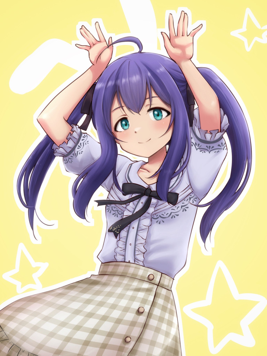 1girl ahoge arms_up black_ribbon blouse blue_eyes breasts closed_mouth collar collarbone dot_nose hair_between_eyes hair_ribbon hands_up highres idolmaster idolmaster_million_live! idolmaster_million_live!_theater_days light_smile long_hair matcha_kingyo mochizuki_anna official_alternate_costume official_alternate_hairstyle plaid plaid_skirt purple_hair rabbit_pose ribbon shirt short_sleeves skirt small_breasts solo standing starry_background twintails upper_body yellow_background