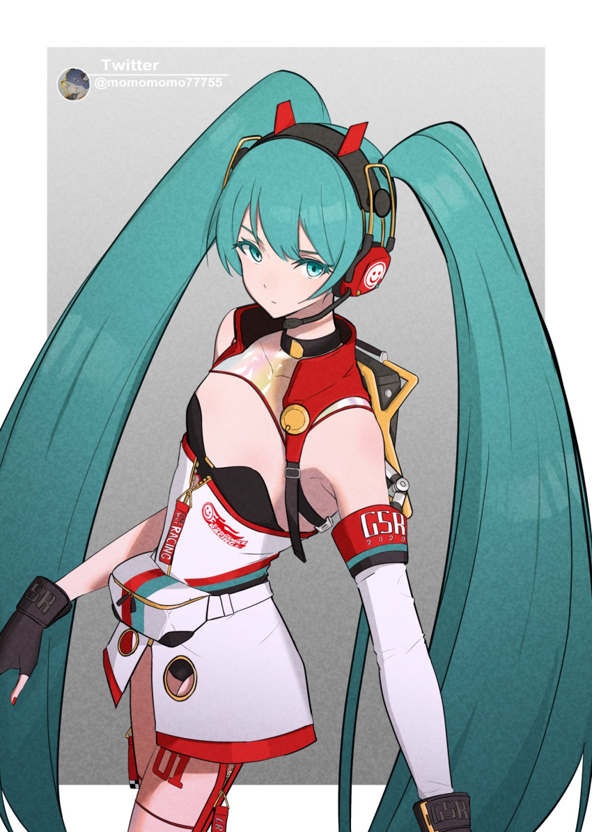 1girl aqua_eyes aqua_hair backpack bag black_collar black_leotard boom_microphone closed_mouth collar commentary detached_sleeves dress fanny_pack flat_chest goodsmile_racing hatsune_miku headset highres leg_tattoo leotard leotard_under_clothes long_hair racing_miku racing_miku_(2020) ritsuki_(momomomo77755) short_dress shrug_(clothing) simple_background solo standing tattoo twintails twitter_username vocaloid white_dress
