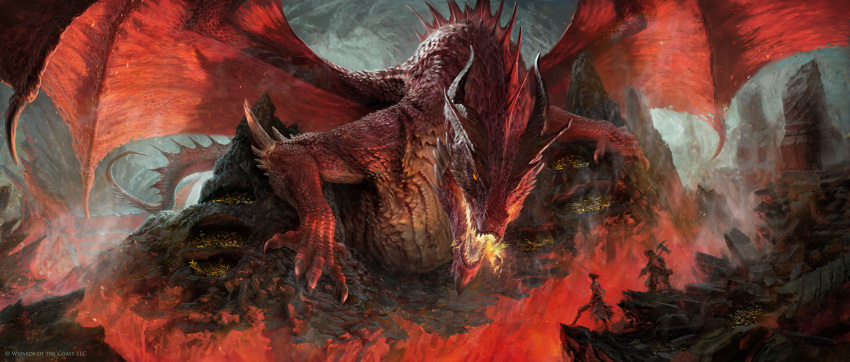 2others ambiguous_gender animal_focus axe breath_weapon breathing_fire claws commentary company_name copyright_notice dragon dungeons_and_dragons english_commentary fantasy fire glowing_mouth highres holding holding_axe horns manzanedo monster multiple_others official_art open_mouth realistic rock scenery sharp_teeth spikes spread_wings standing tail teeth western_dragon wings