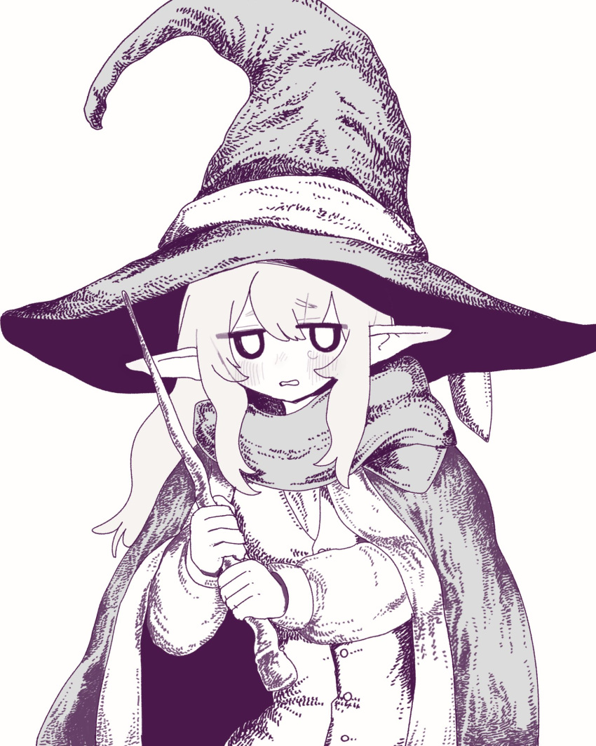 1girl blush cape dithering elf embarrassed hat hat_ribbon highres holding holding_wand jitome long_hair looking_at_viewer monochrome no_nose oka_(okakanoka) original parted_lips pointy_ears ribbon scarf sidelocks simple_background solo wand witch witch_hat