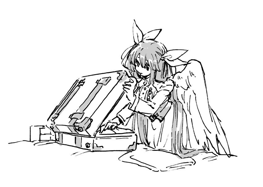 1girl angel_wings belt dizzy_(guilty_gear) dress greyscale guilty_gear guilty_gear_xx hair_between_eyes hair_ribbon hair_rings highres long_hair long_sleeves monochrome ribbon simple_background sketch solo suitcase tosshin twintails very_long_hair white_background wings