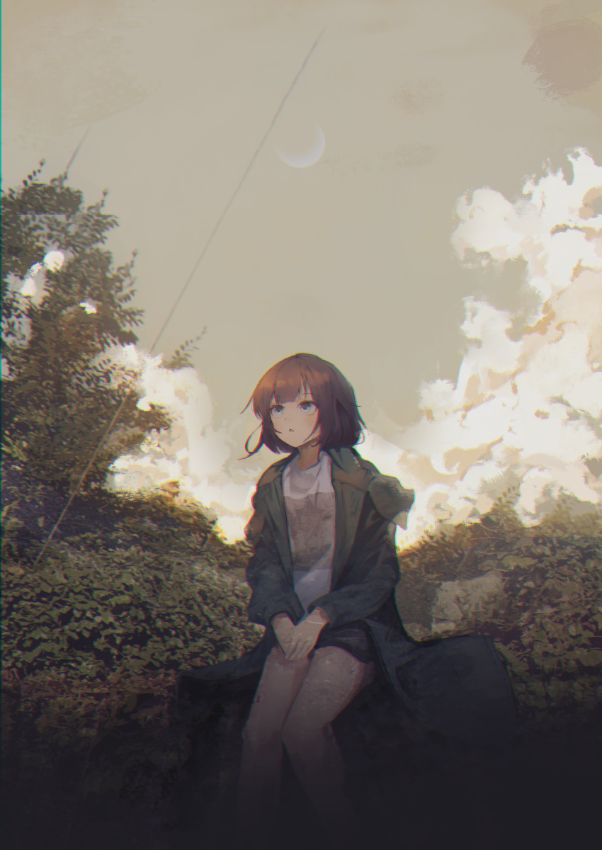 1girl :o absurdres blue_eyes brown_hair chromatic_aberration clouds coat crescent_moon eliot_(eokaitekaite969) feet_out_of_frame green_coat highres long_sleeves moon open_clothes open_coat original outdoors own_hands_together parted_lips shirt short_hair shorts sitting sky solo tree white_shirt