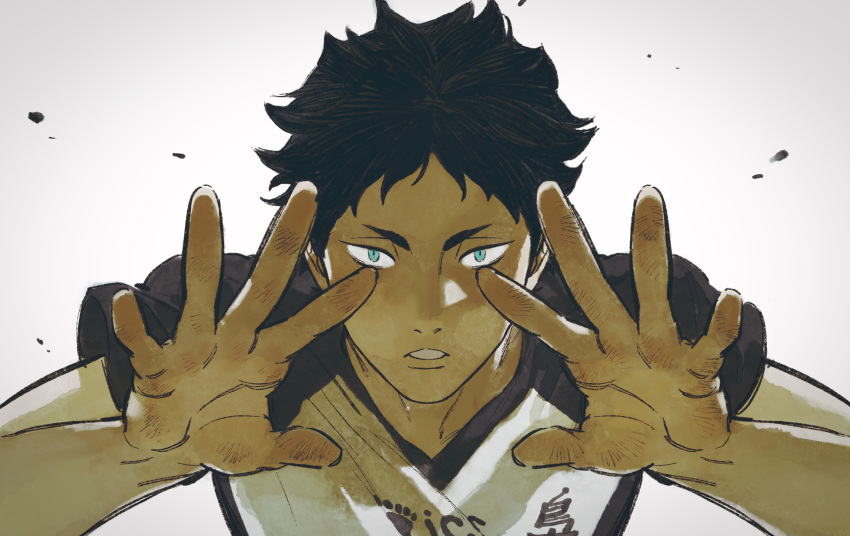 1boy akaashi_keiji black_hair blue_eyes chengongzi123 english_commentary gradient_background grey_background haikyuu!! hands_up highres looking_at_viewer male_focus shirt short_hair short_sleeves simple_background sportswear spread_fingers t-shirt upper_body very_short_hair volleyball_uniform