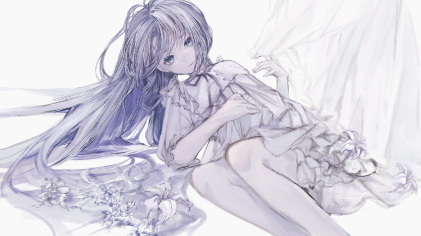 1girl absurdres bare_legs blue_eyes c_cand1e closed_mouth commission curtains dress feet_out_of_frame flower frills grey_hair highres long_hair looking_at_viewer lying neck_ribbon on_side original ribbon simple_background solo very_long_hair white_background white_dress white_flower