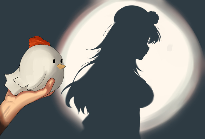 1girl animal bird breasts chicken from_side hashtag_only_commentary highres holding holding_animal hololive hololive_english hololive_shadow_puppet_(meme) kfp_employee_(takanashi_kiara) large_breasts lebimax meme profile silhouette spotlight takanashi_kiara takanashi_kiara_(1st_costume)