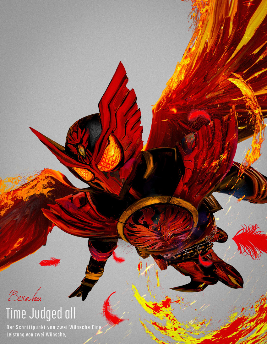 1boy absurdres armor belt_buckle black_bodysuit bodysuit buckle covering_face english_text feathered_wings feathers fiery_wings forehead_jewel full_body german_text grey_background helmet highres kamen_rider kamen_rider_ooo kamen_rider_ooo_(series) obakelope0530 power_armor red_armor simple_background solo wings