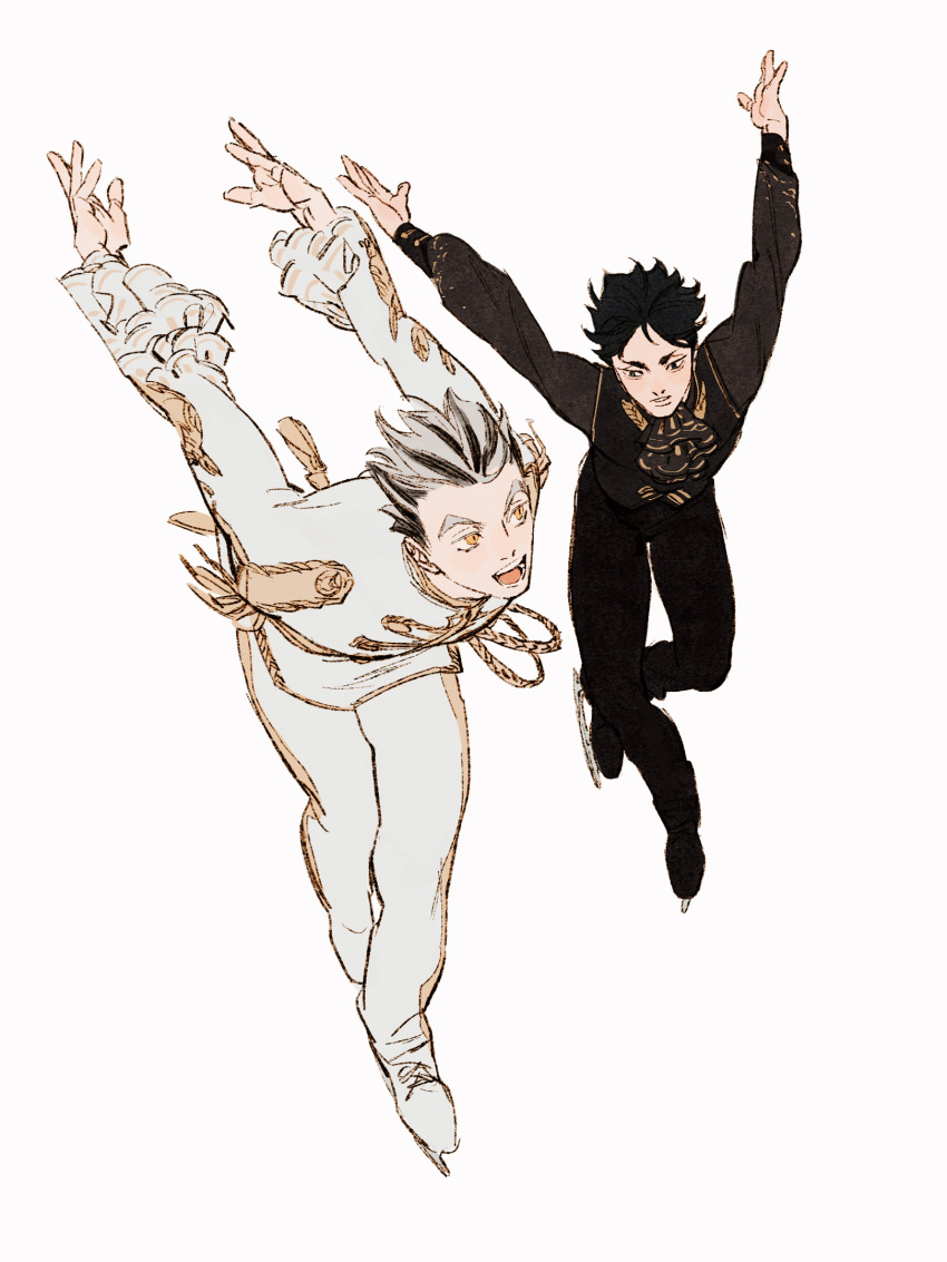 2boys akaashi_keiji arms_behind_back arms_up ascot black_eyes black_hair black_pants black_vest bokuto_koutarou brown_ascot chengongzi123 commentary epaulettes frilled_sleeves frills full_body grey_hair grey_jacket grey_pants haikyuu!! highres ice_skates ice_skating jacket long_sleeves looking_at_another male_focus multicolored_hair multiple_boys open_mouth outstretched_arms pants puffy_long_sleeves puffy_sleeves short_hair simple_background skates skating standing streaked_hair symbol-only_commentary thick_eyebrows very_short_hair vest white_background yellow_eyes