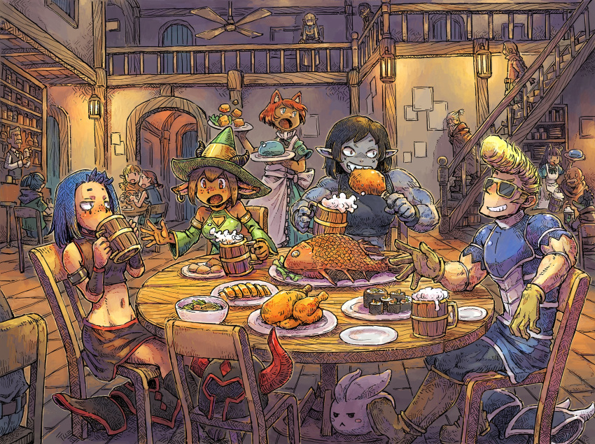 6+boys 6+girls alcohol animal_ears apron armlet armor bartender beard beer beer_mug black_hair black_skirt blonde_hair blue_hair boots braid breastplate brown_hair cat_ears ceiling_fan chair chicken_(food) chicken_leg colored_skin commentary_request counter crop_top cup detached_sleeves dress drinking elf eterspire facial_hair fantasy fish_(food) food freckles furry furry_female gloves green_hair grey_skin grin helm helmet highres holding holding_cup horns horns_through_headwear indoors jewelry lantern makizushi momochichi77 mug multiple_boys multiple_girls muscular muscular_female mustache navel open_mouth plate pointy_ears pointy_hat pompadour ponytail railing red_eyes red_hair scar scar_on_cheek scar_on_face sharp_teeth shelf sideburns skirt smile stairs sunglasses sushi table tavern teeth unworn_armor unworn_headwear unworn_helmet waitress