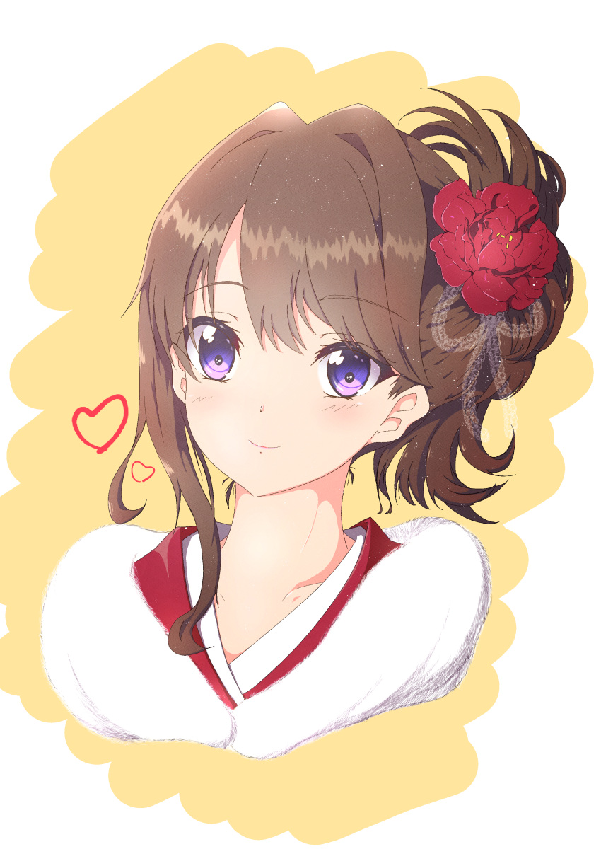 absurdres brown_hair closed_mouth collarbone commentary_request cropped_shoulders flower fujishima_megumi fur-trimmed_kimono fur_trim hair_bun hair_flower hair_ornament heart highres japanese_clothes kimono link!_like!_love_live! looking_at_viewer love_live! rakinegimagi red_flower short_hair short_hair_with_long_locks single_hair_bun smile swept_bangs two-tone_background violet_eyes white_background white_kimono yellow_background