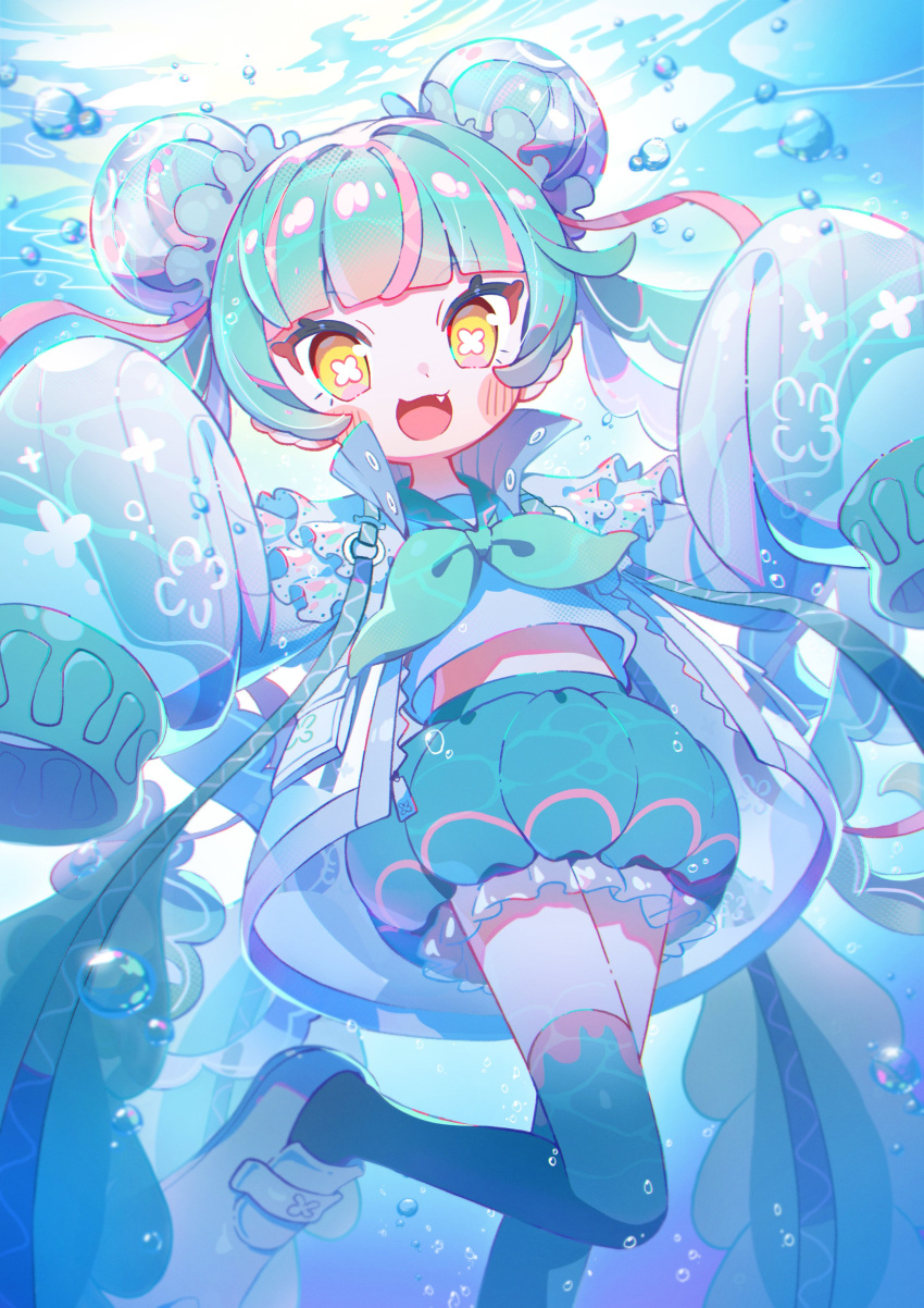 :d absurdres aqua_hair blue_thighhighs cowboy_shot fang gaogao_(gaogaomegu) highres jacket jellygao long_sleeves multicolored_hair open_mouth original puffy_long_sleeves puffy_sleeves sleeves_past_fingers sleeves_past_wrists smile symbol-shaped_pupils thigh-highs underwater very_long_sleeves white_footwear white_jacket x-shaped_pupils yellow_eyes