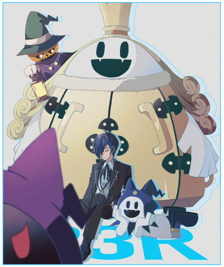 1boy ahoge black_frost black_pants black_suit blue_hair border floating gekkoukan_high_school_uniform hair_over_one_eye hat highres holding holding_lantern jack-o'-lantern jack_frost kawazu_(kakakawaz) king_frost lantern lying male_focus on_stomach open_mouth pants persona persona_3 persona_3_reload pyro_jack red_eyes school_uniform shin_megami_tensei short_hair smile solid_oval_eyes suit white_border witch_hat yuuki_makoto_(persona_3)