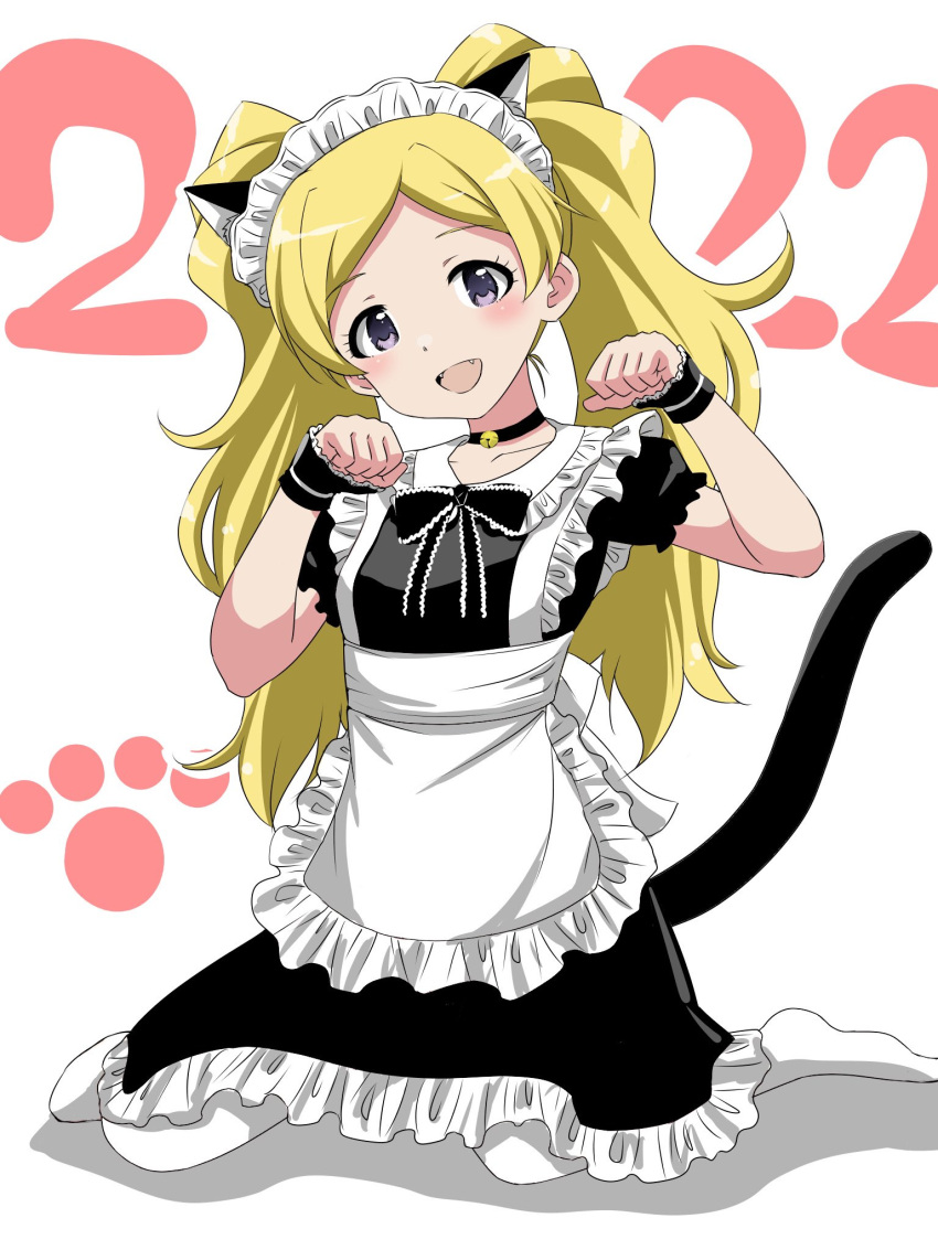 animal_ears apron bell black_ribbon blonde_hair blush cat_ears cat_tail choker emily_stewart highres idolmaster idolmaster_million_live! looking_at_viewer maid maid_apron maid_headdress matcha_kingyo neck_bell open_mouth parted_bangs paw_pose ribbon tail thigh-highs twintails violet_eyes wristlet