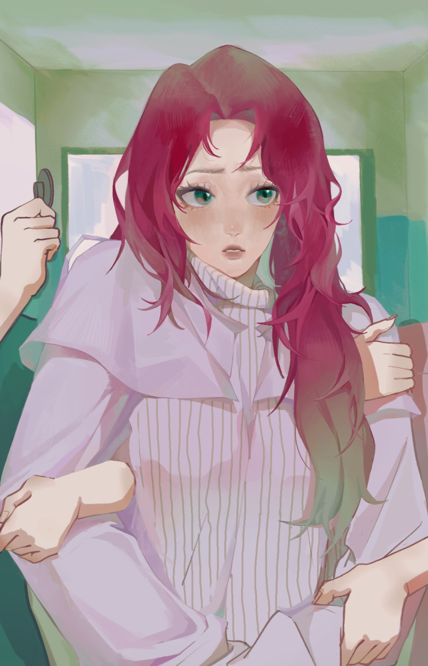 1girl blush chinese_commentary colored_tips gradient_hair green_eyes green_hair hallway highres holding holding_another's_arm holding_stethoscope indoors k-pop long_hair looking_to_the_side mamamoo multicolored_hair nanwanklae parted_lips procreate_(medium) purple_sweater real_life redhead solo_focus stethoscope sweater wheein_(mamamoo)