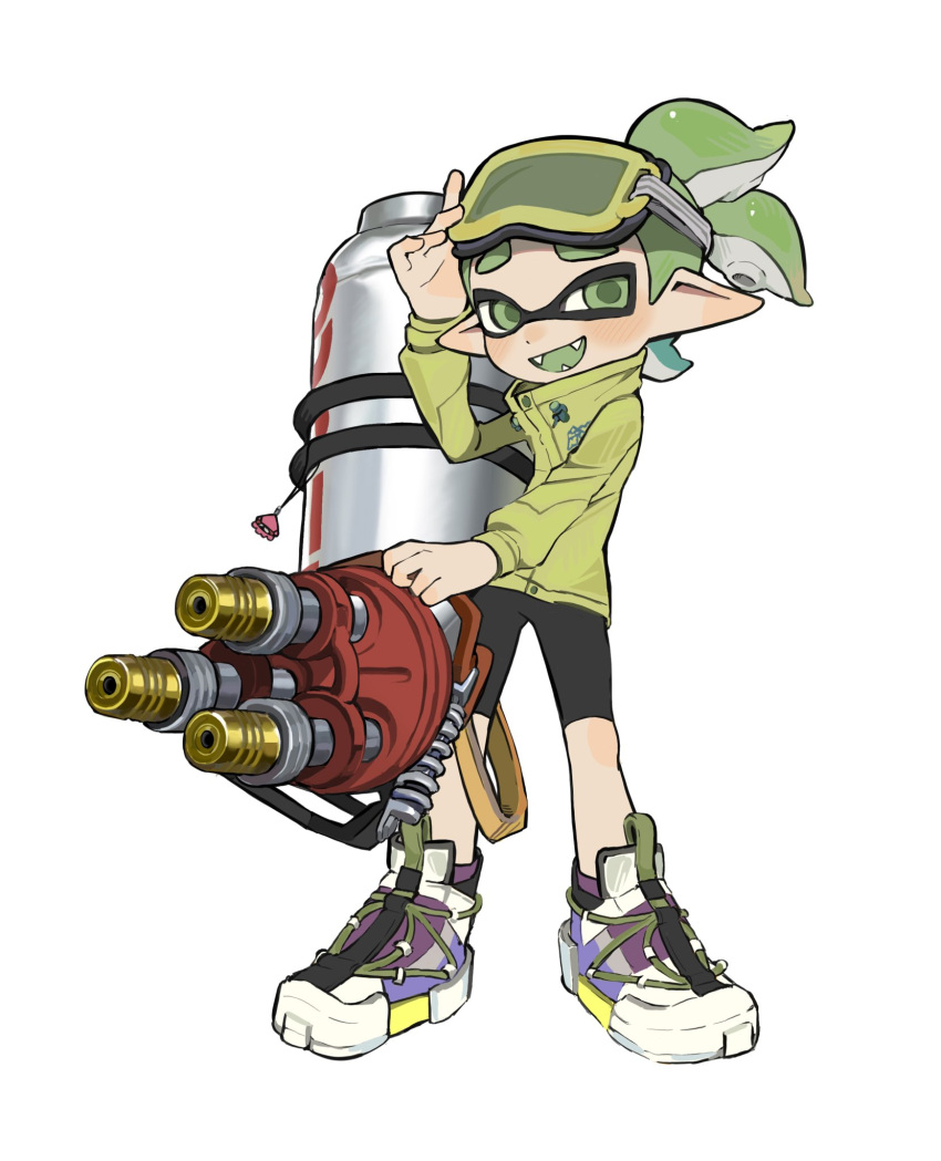 1boy black_shorts commentary commission full_body goggles goggles_on_head green-tinted_eyewear green_eyes green_hair green_jacket gun highres holding holding_gun holding_weapon hydra_splatling_(splatoon) inkling inkling_boy inkling_player_character jacket looking_at_viewer male_focus medium_hair multicolored_footwear open_mouth pointy_ears shoes short_ponytail shorts simple_background smile solo splatoon_(series) splatoon_3 standing teeth tentacle_hair thick_eyebrows tinted_eyewear weapon white_background yabi_(akfkzkcl)
