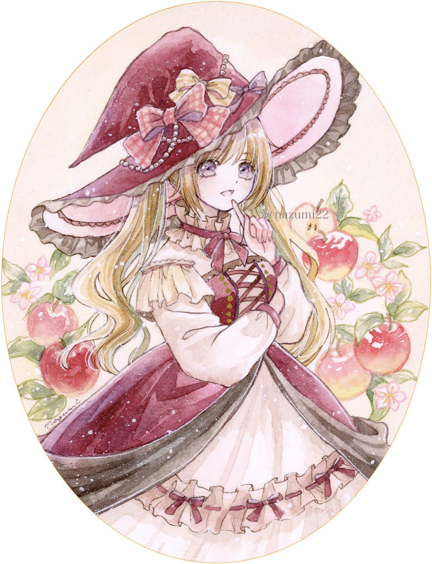 1girl apple artist_name beads blonde_hair bow choker circle collar commentary_request cross-laced_clothes dress dress_bow flower food frilled_choker frilled_collar frilled_dress frilled_hat frills fruit hat hat_bow hat_ribbon highres index_finger_raised layered_dress leaf long_hair long_sleeves looking_at_viewer nazumi_shiho open_mouth original painting_(medium) pink_flower plaid plaid_bow puffy_long_sleeves puffy_sleeves purple_headwear red_bow red_dress red_headwear ribbon ribbon-trimmed_dress round_image smile solo traditional_media twintails twitter_username two-tone_dress violet_eyes watercolor_(medium) watermark white_background white_collar white_dress white_flower witch witch_hat