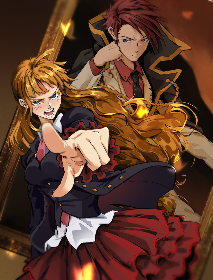 1boy 1girl absurdres aiguillette beatrice_(umineko) blazer blonde_hair blue_eyes blunt_bangs cloak comb_over formal frilled_sleeves frills head_rest highres jacket long_hair necktie open_clothes open_jacket open_mouth painting_(object) picture_frame pleated_skirt pointing pointing_at_viewer red_shirt red_skirt redhead serious shirt skirt suit umineko_no_naku_koro_ni uneasywolf ushiromiya_battler waistcoat white_shirt