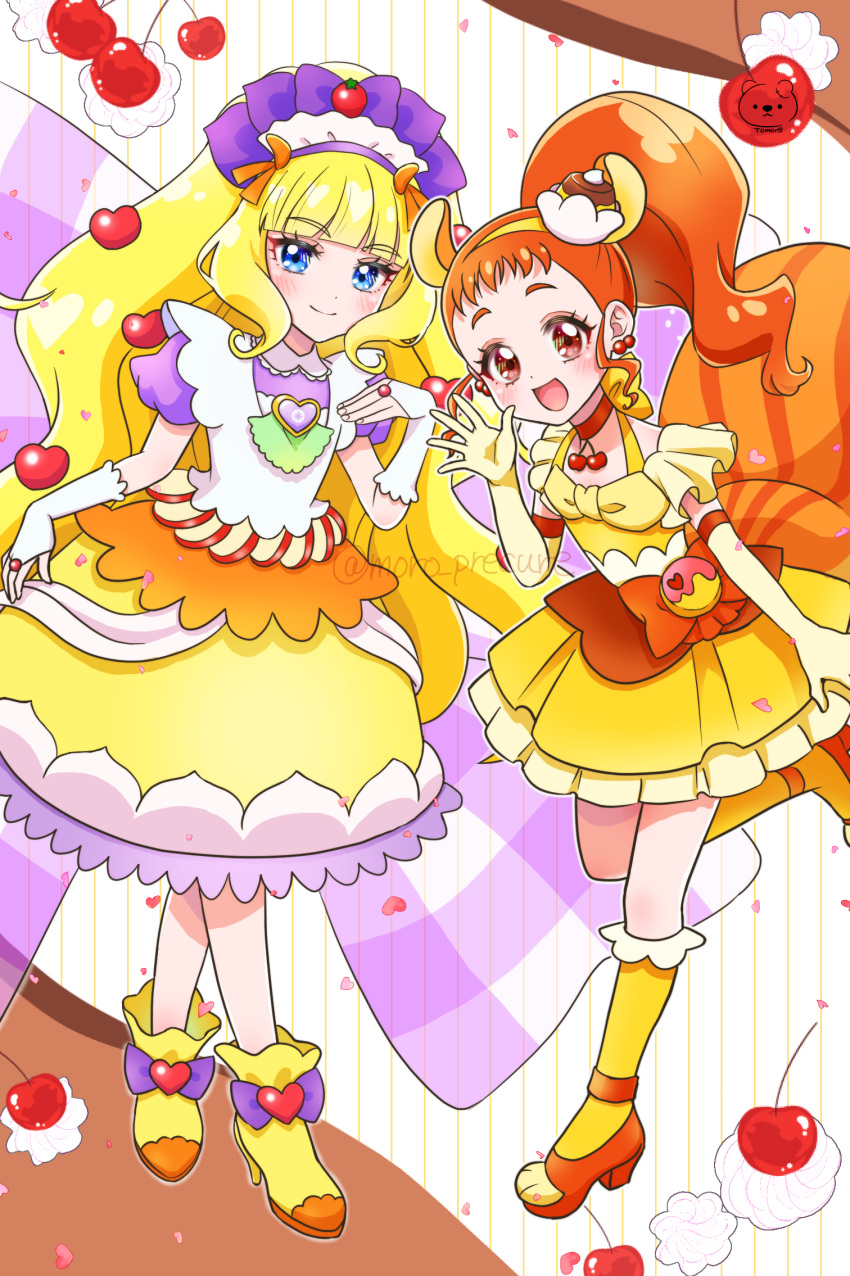 2girls :d animal_ears arisugawa_himari back_bow blonde_hair blue_eyes blunt_bangs bow bridal_gauntlets brooch brown_eyes choker closed_mouth cure_custard cure_finale cure_finale_(children's_lunch_dress) delicious_party_precure dot_nose dress earrings elbow_gloves extra_ears food-themed_clothes food-themed_hair_ornament footwear_bow frills gloves hair_bow hair_ornament hairband heart heart_brooch highres huge_bow jewelry kasai_amane kirakira_precure_a_la_mode kneehighs layered_dress long_hair looking_at_viewer magical_girl moro_precure multiple_girls open_mouth orange_bow orange_footwear orange_hair plaid plaid_bow ponytail pouch precure puffy_sleeves purple_bow purple_hairband red_choker shoes short_dress short_hair smile socks squirrel_ears squirrel_tail tail trait_connection twitter_username white_bridal_gauntlets yellow_dress yellow_footwear yellow_gloves yellow_hairband yellow_socks