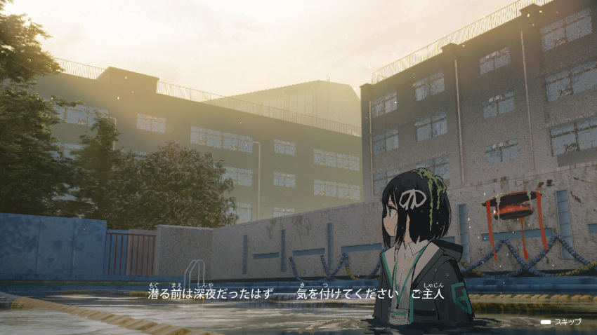 button_prompt drone fake_screenshot gate highres horror_(theme) immersed lane_line lanyard lost_property_control_organization_(samidare) object_on_head partially_immersed partially_submerged pool pool_ladder protagonist_(lost_property_control_organization) ribbon samidare_(hoshi) seaweed subtitled t-6407j_(samidare) tree user_interface water wet white_ribbon