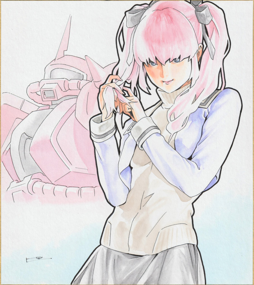 1girl breasts char's_deleted_affair gundam haman_karn highres long_sleeves looking_at_viewer mecha medium_breasts pink_hair robot short_hair simple_background smile solo toweling3 twintails violet_eyes zaku_ii zaku_ii_s_char_custom