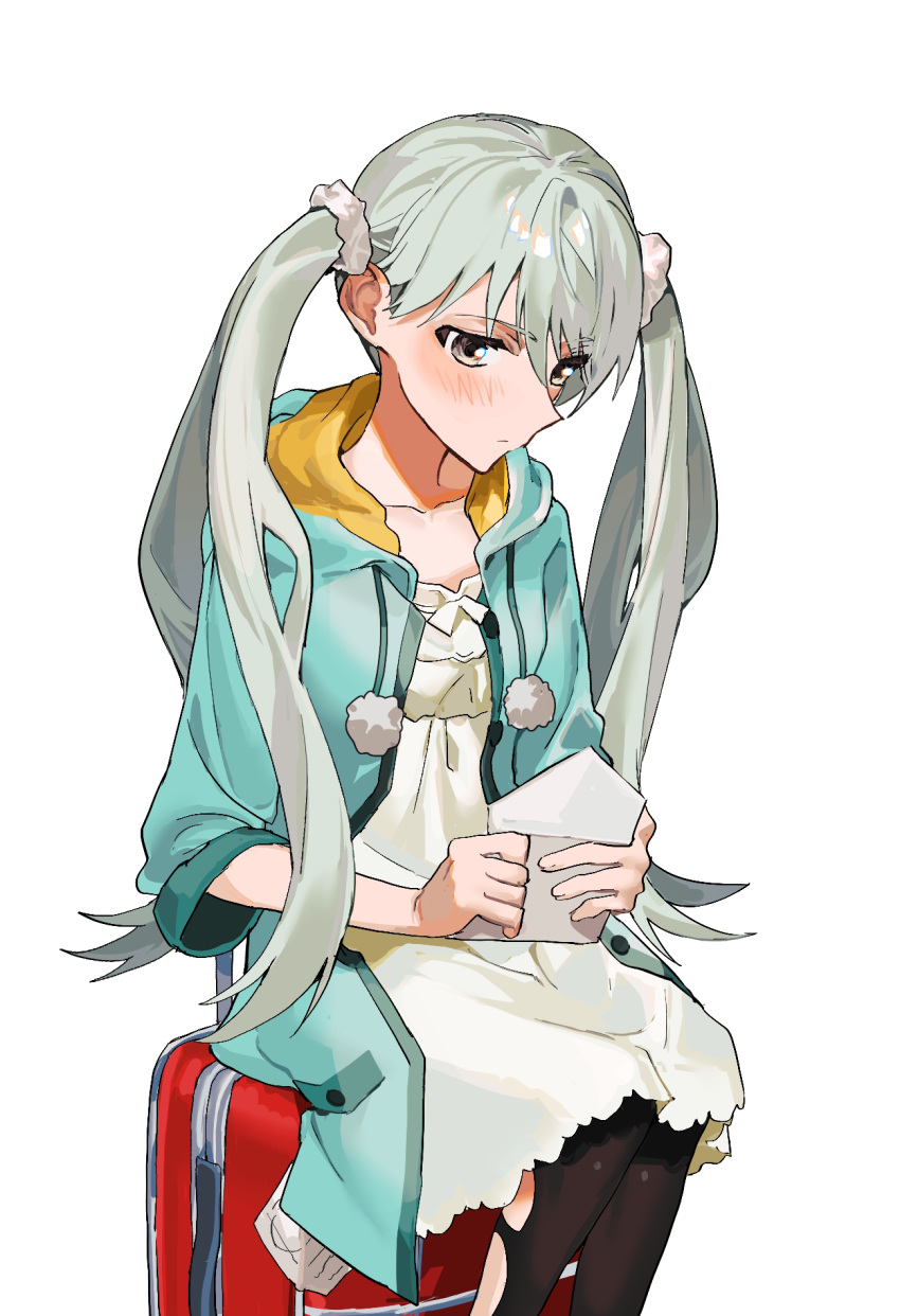 1girl aqua_coat black_pantyhose blush bow breasts closed_mouth coat collarbone commentary dot_mouth dress dress_bow envelope expressionless feet_out_of_frame grey_hair highres holding holding_envelope hood hood_down long_coat long_hair looking_at_object looking_down monogatari_(series) multicolored_coat oikura_sodachi on_suitcase open_clothes open_coat owarimonogatari pantyhose pom_pom_(clothes) scrunchie simple_background sitting small_breasts solo suitcase torn_clothes torn_pantyhose tukinuke_10 twintails two-sided_fabric two-tone_coat very_long_hair white_background white_bow white_dress white_scrunchie yellow_coat