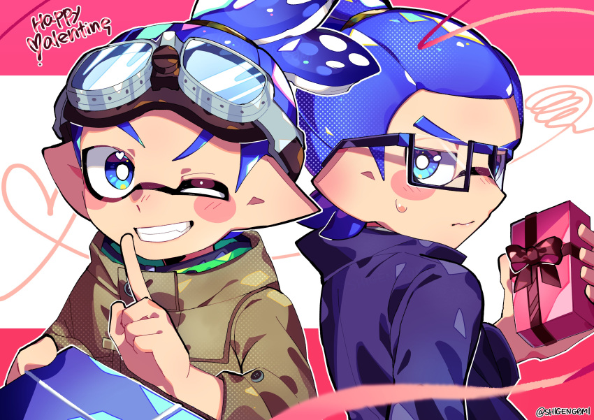 2boys absurdres artist_name black-framed_eyewear blue_eyes blue_hair border bright_pupils brown_jacket closed_mouth commentary_request gift glasses goggles goggles_on_head happy_valentine heart heart_in_eye highres holding holding_gift inkling inkling_boy inkling_player_character jacket letterboxed male_focus multiple_boys one_eye_closed outside_border pink_border pointy_ears shigeng0mi short_hair short_ponytail simple_background smile splatoon_(series) sweat symbol_in_eye teeth tentacle_hair twitter_username upper_body v-shaped_eyebrows wavy_mouth white_background white_pupils