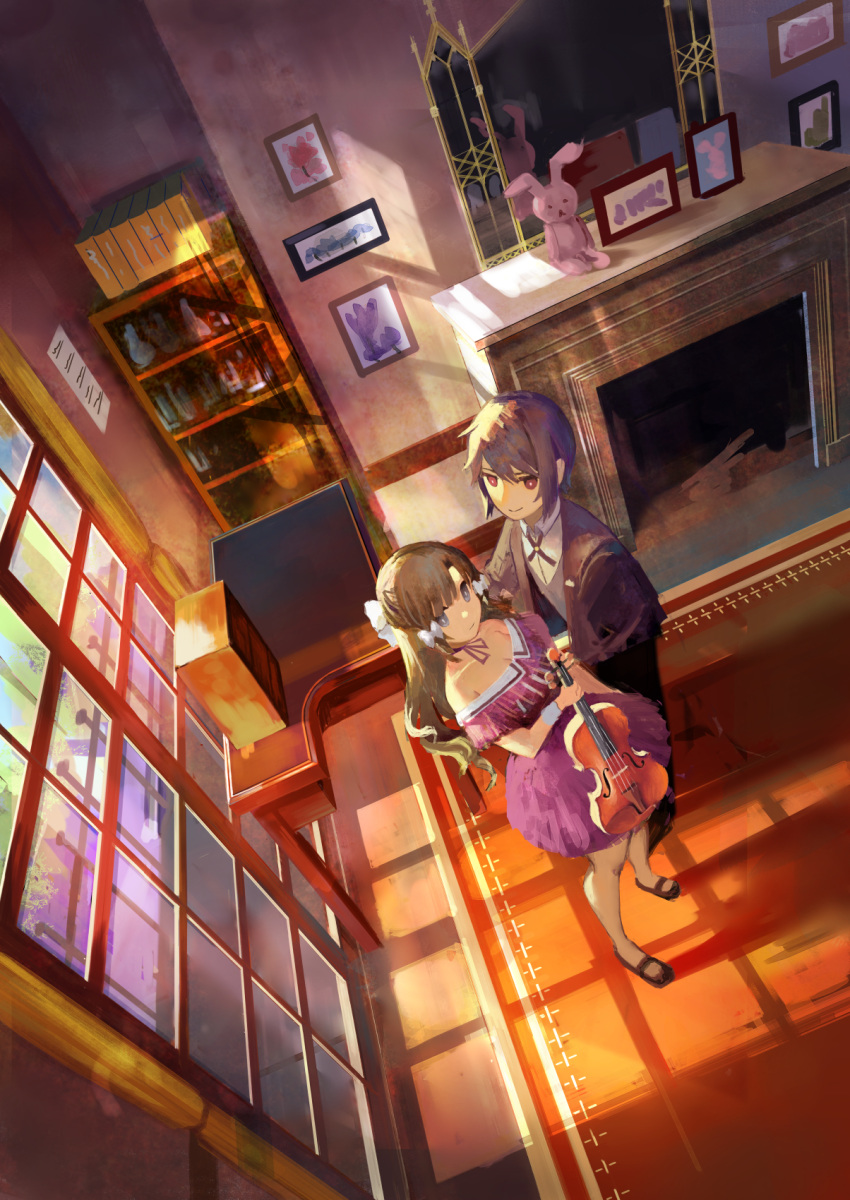 1boy 1girl black_footwear bow brown_hair closed_mouth dress dutch_angle fireplace formal from_above hair_bow highres holding holding_instrument holding_violin indoors instrument jacket long_hair music neck_ribbon off-shoulder_dress off_shoulder ogimotozukin original painting_(object) picture_frame purple_dress purple_hair red_eyes ribbon shirt shoes short_hair sitting smile standing stuffed_animal stuffed_rabbit stuffed_toy violet_eyes violin white_shirt window