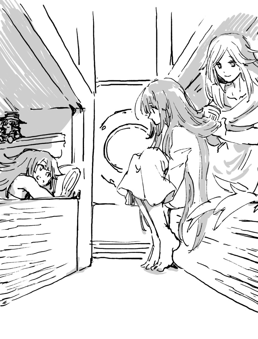 3girls bed brushing_another's_hair brushing_hair dizzy_(guilty_gear) greyscale guilty_gear guilty_gear_xx highres holding holding_brush indoors johnny_(guilty_gear) long_hair looking_at_another lying may_(guilty_gear) monochrome multiple_girls mundane_utility smile stuffed_toy tosshin undine_(guilty_gear)