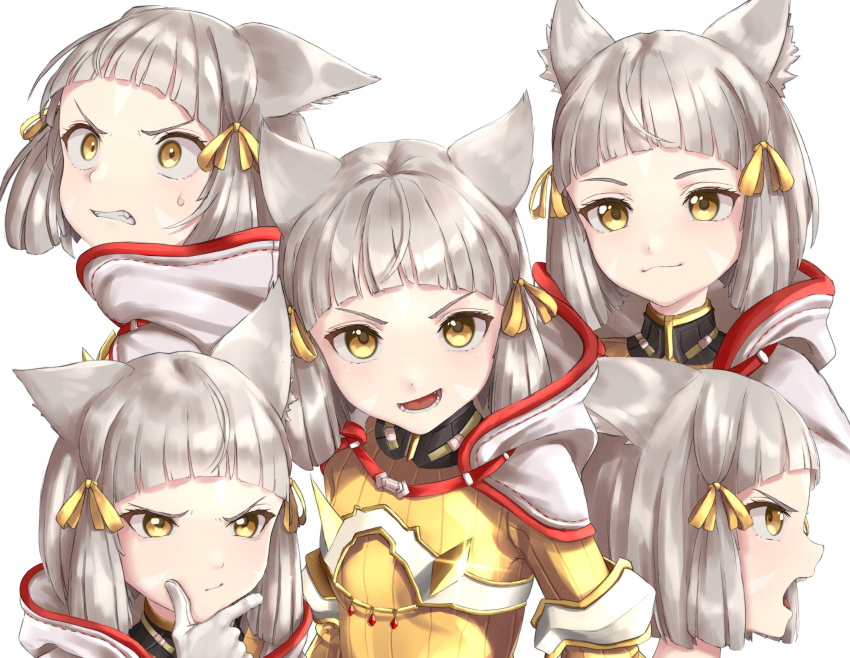1girl absurdres animal_ear_fluff animal_ears arched_bangs cat_ears eilier_project english_commentary eyelashes glint gloves grey_hair highres medium_hair multiple_views nia_(xenoblade) open_mouth simple_background smile sweat thinking v-shaped_eyebrows white_background white_gloves xenoblade_chronicles_(series) xenoblade_chronicles_2 yellow_eyes