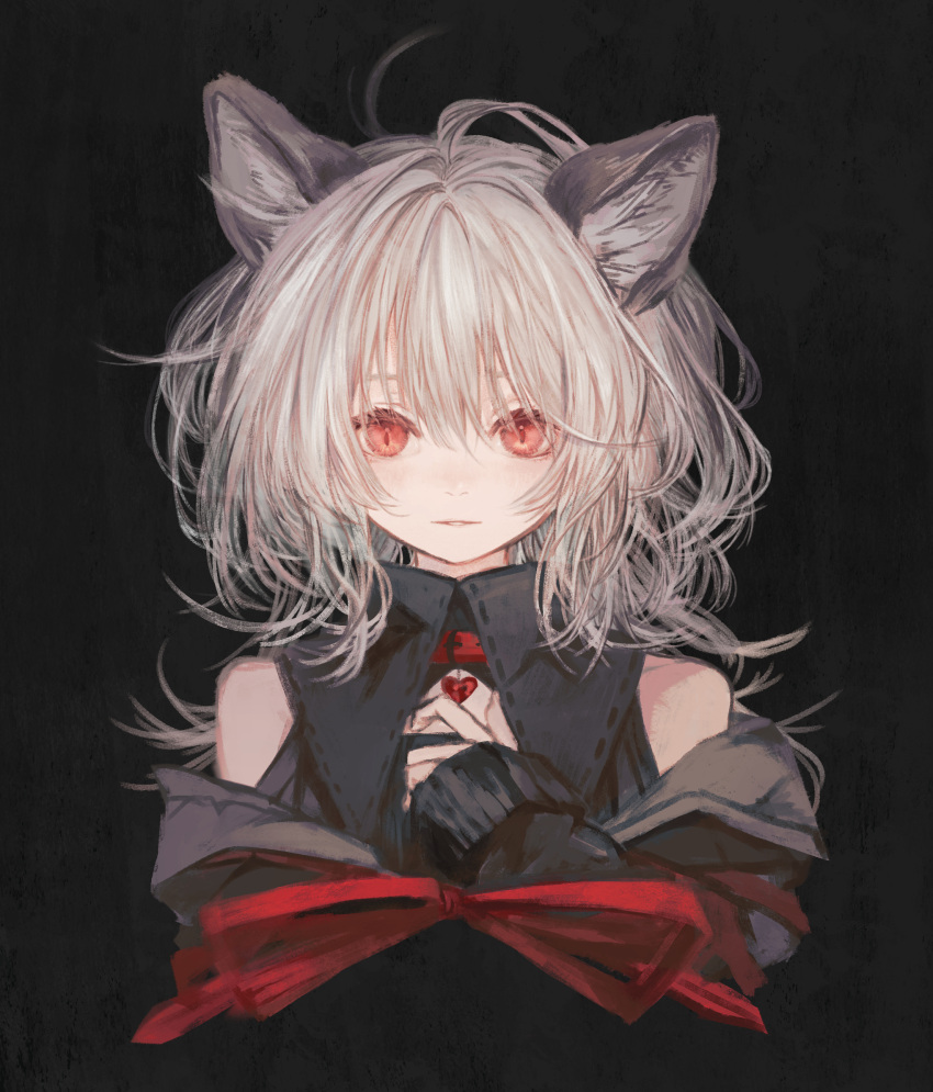 1girl animal_ear_fluff animal_ears bare_shoulders black_background black_shirt bow c_cand1e cat_ears choker closed_mouth collared_shirt commission cropped_torso grey_hair hair_between_eyes hand_on_own_chest heart heart_choker highres jacket long_hair long_sleeves looking_at_viewer off_shoulder original own_hands_together parted_lips red_bow red_choker red_eyes shirt simple_background sleeveless sleeveless_shirt sleeves_past_wrists solo straight-on upper_body white_hair