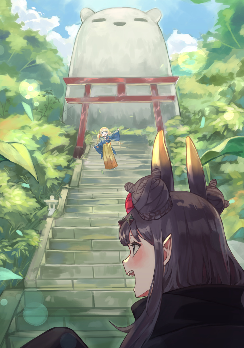 2girls :d absurdres arm_up black_kimono black_scarf blonde_hair blue_eyes blue_kimono blue_sky blunt_bangs blush braid braided_bun bush clouds commentary_request day double_bun eyelashes facing_away fangs flower forest hair_bun hair_flower hair_ornament hakama hakama_skirt highres hololive hololive_english japanese_clothes kimono kiwwwwwi lens_flare long_hair long_sleeves looking_at_another multiple_girls nature ninomae_ina'nis ninomae_ina'nis_(new_year) open_mouth outdoors pointy_ears purple_hair red_flower scarf sidelocks skirt sky smile stairs standing statue stone_lantern stone_stairs takodachi_(ninomae_ina'nis) teeth torii tree twintails upper_body upper_teeth_only violet_eyes virtual_youtuber watson_amelia watson_amelia_(new_year) waving wide_sleeves yellow_hakama