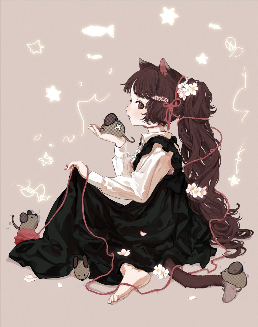 1girl animal animal_ears barefoot black_dress brown_background brown_eyes brown_hair cat_ears cat_girl cat_tail collared_shirt dress fish flower from_side full_body hair_flower hair_ornament highres holding long_hair long_sleeves looking_at_viewer mouse original pinafore_dress ponytail profile red_ribbon ribbon shirt simple_background sion_0d1m sitting sleeveless sleeveless_dress soles solo star_(symbol) tail text_hair_ornament toes very_long_hair white_flower white_shirt